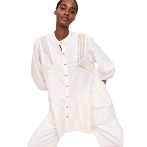Zara Embroidered Oversized Cotton Button Down Ivory Tunic Size Small